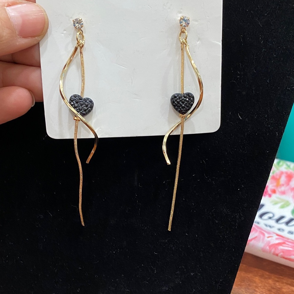 Gold and Black Heart Dangle Earrings